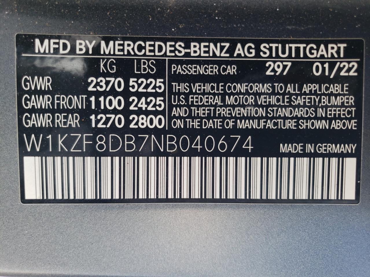 2022 MERCEDES-BENZ E 350 VIN:W1KZF8DB7NB040674
