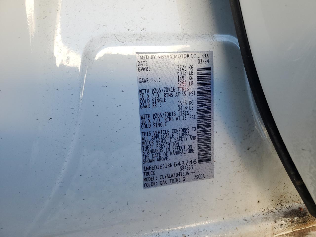 2024 NISSAN FRONTIER S VIN:1N6ED1EJ1RN643746