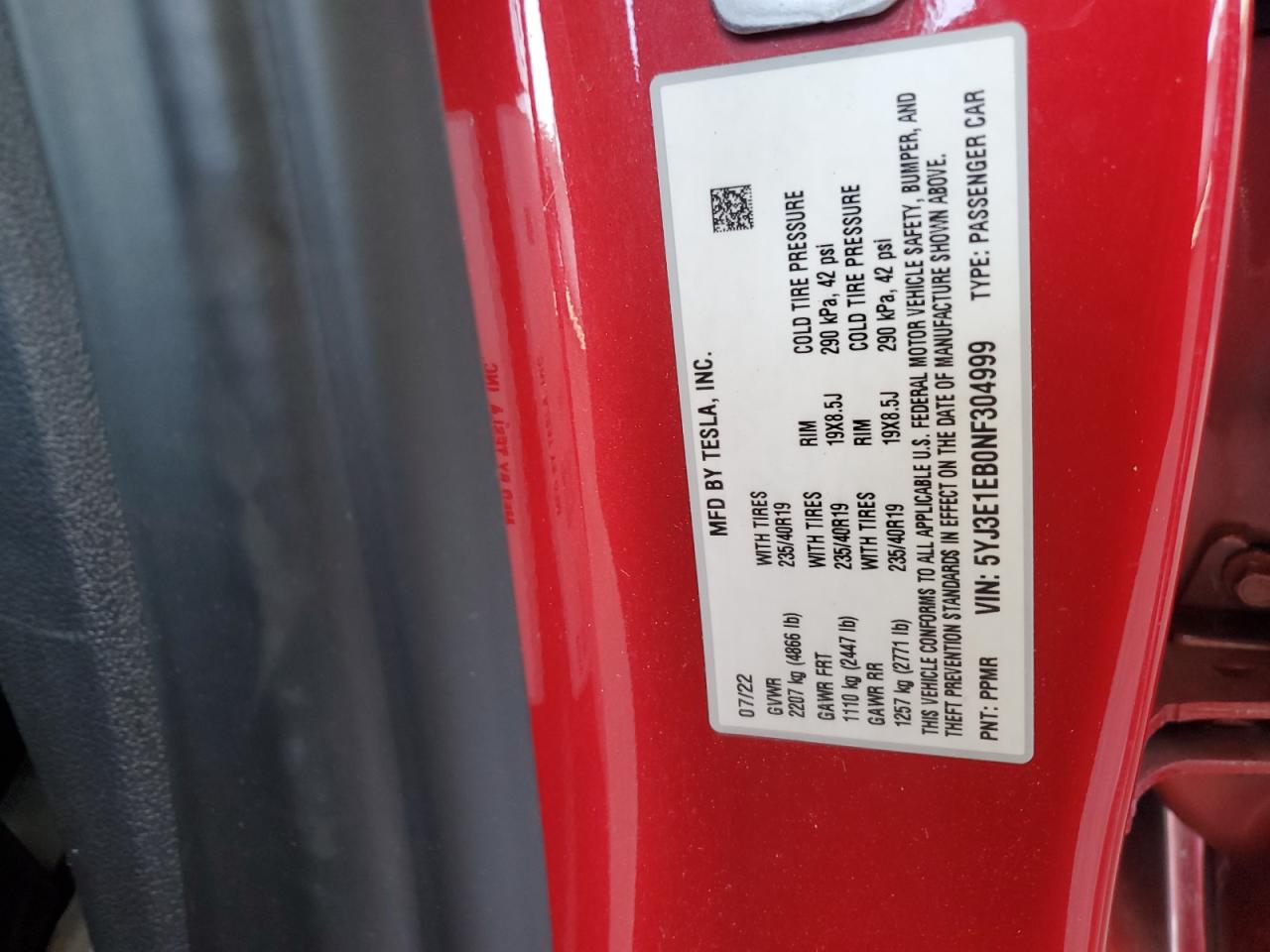 2022 TESLA MODEL 3 VIN:5YJ3E1EB0NF304999