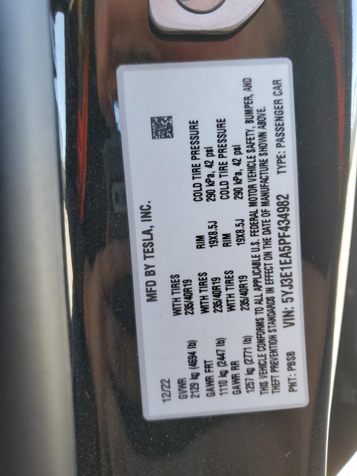 2023 TESLA MODEL 3 VIN:5YJ3E1EA5PF434982