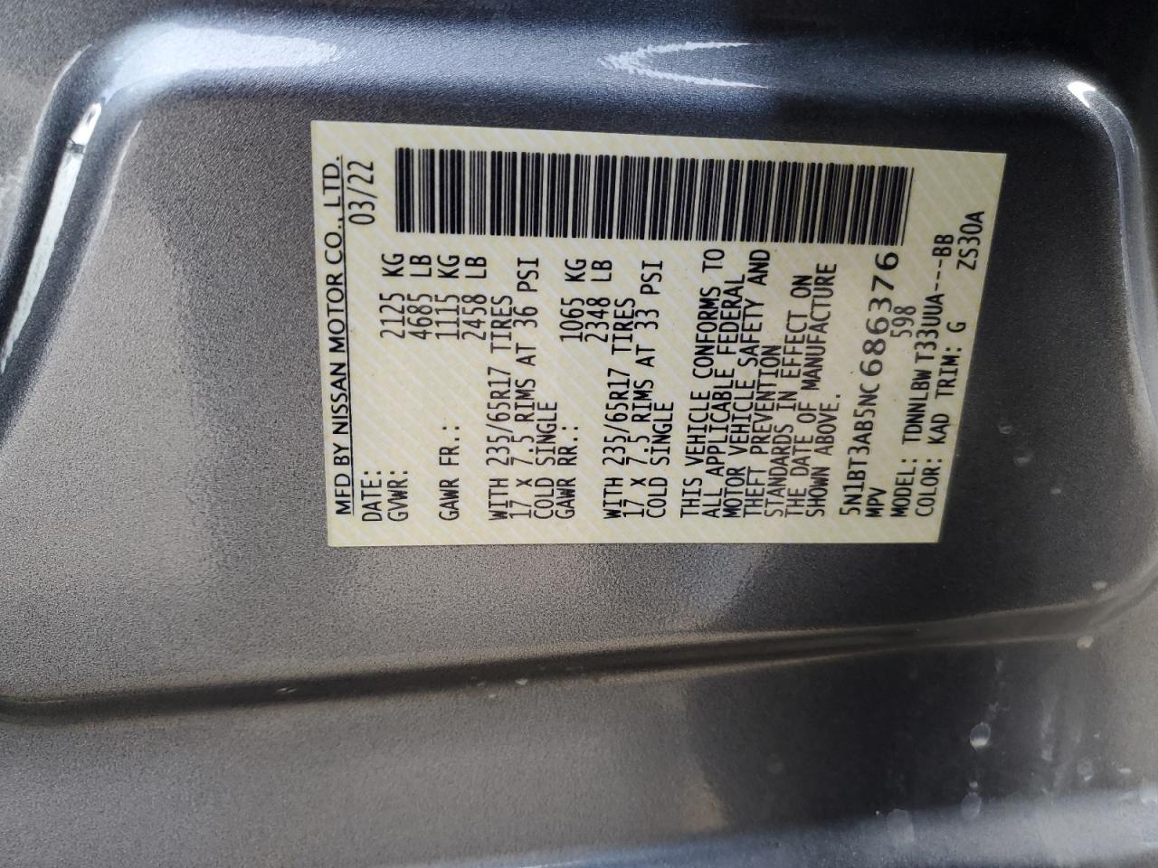 2022 NISSAN ROGUE S VIN:5N1BT3AB5NC686376
