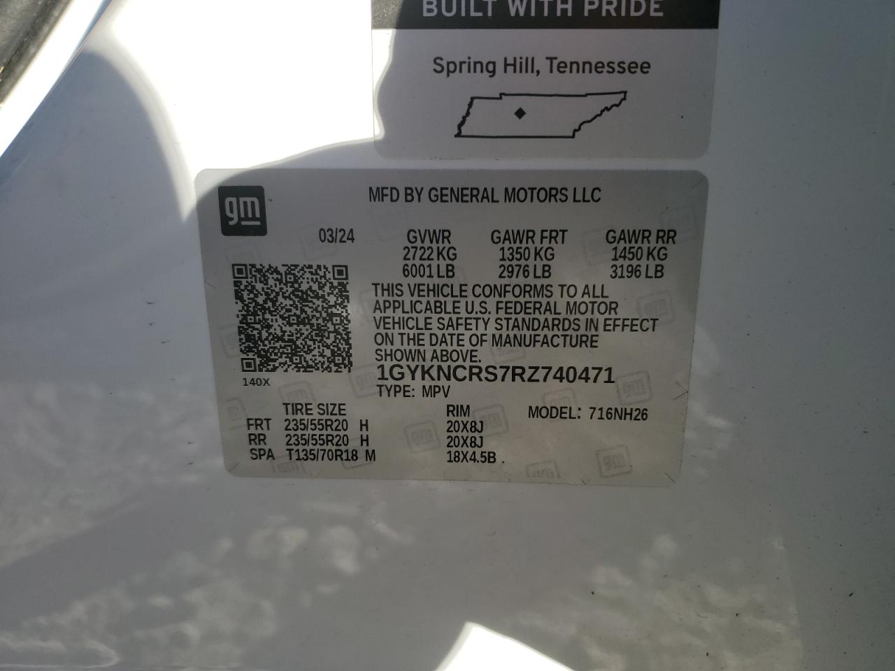 2024 CADILLAC XT5 PREMIUM LUXURY VIN:1GYKNCRS7RZ740471