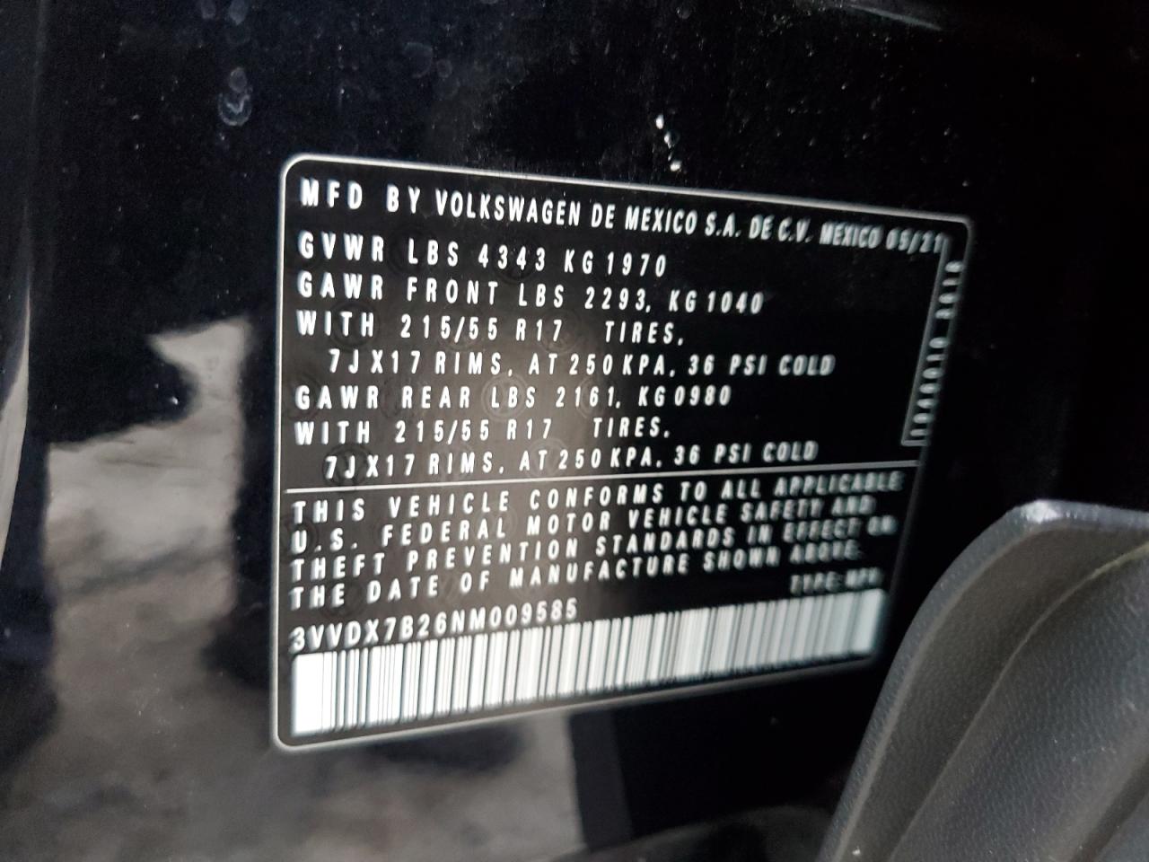 2022 VOLKSWAGEN TAOS S VIN:3VVDX7B26NM009585