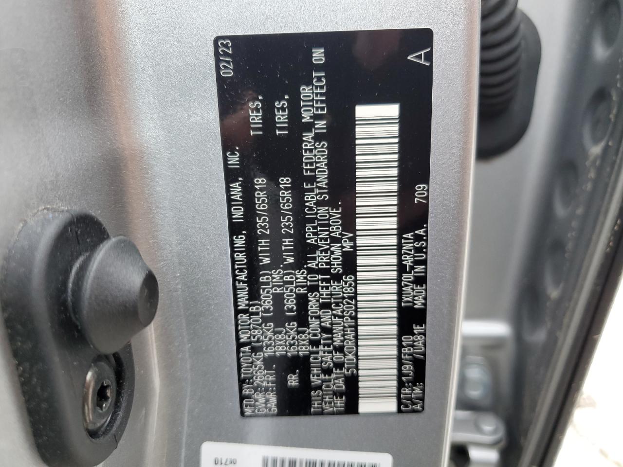 2023 TOYOTA HIGHLANDER L VIN:5TDKDRAH1PS021856