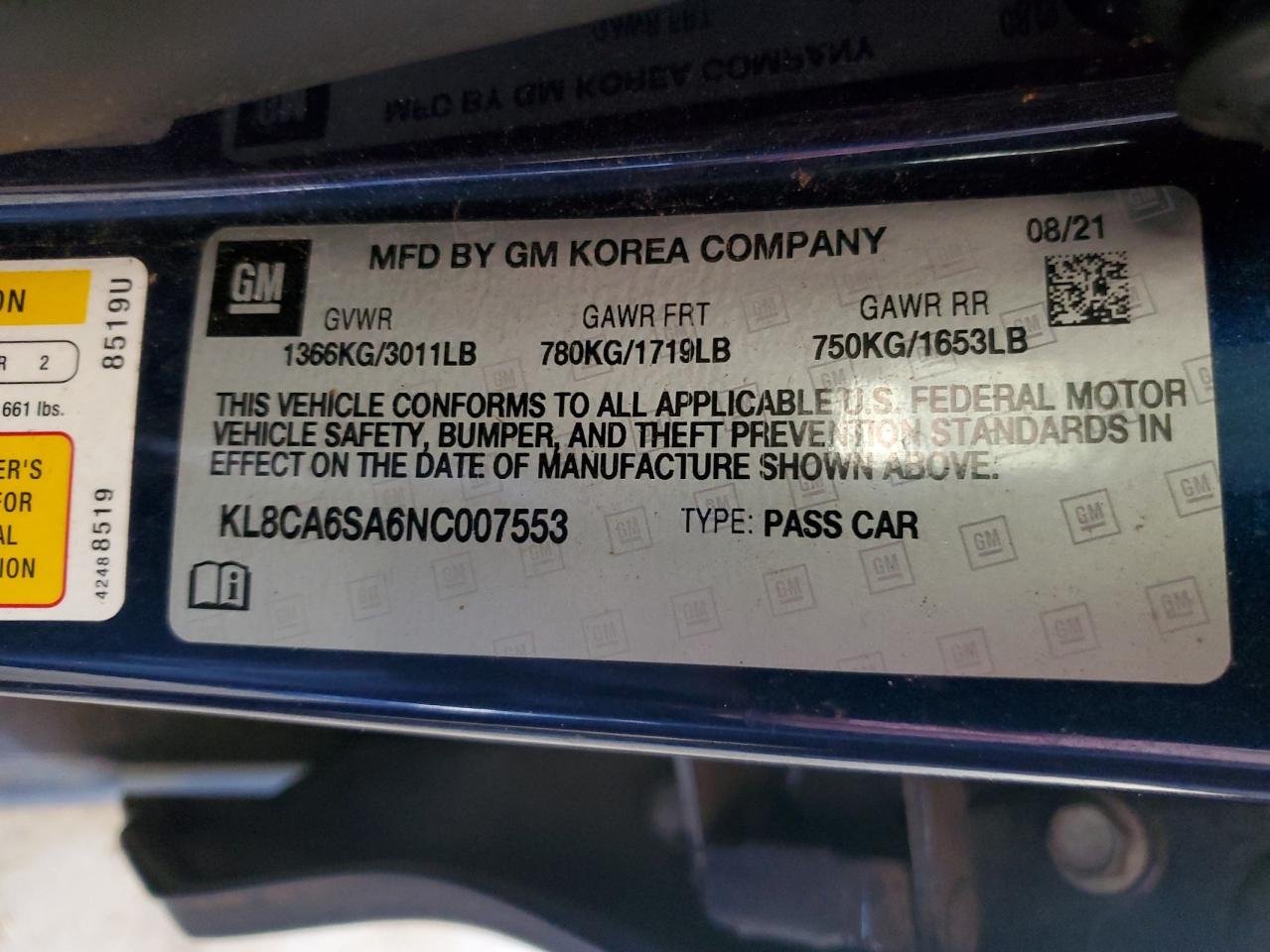 2022 CHEVROLET SPARK LS VIN:KL8CA6SA6NC007553