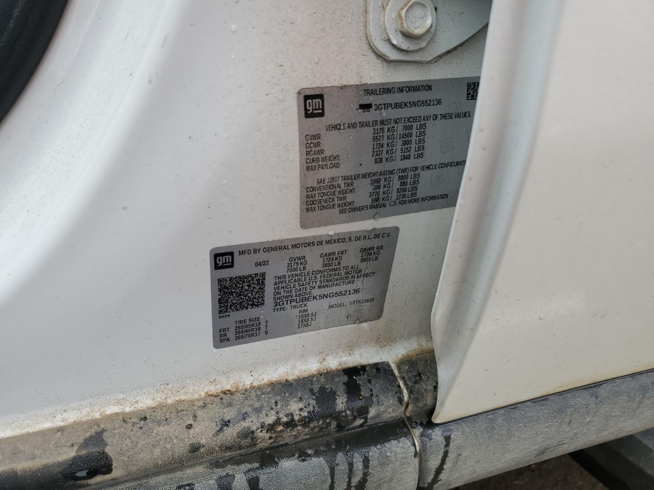2022 GMC SIERRA K1500 SLE VIN:3GTPUBEK5NG552136