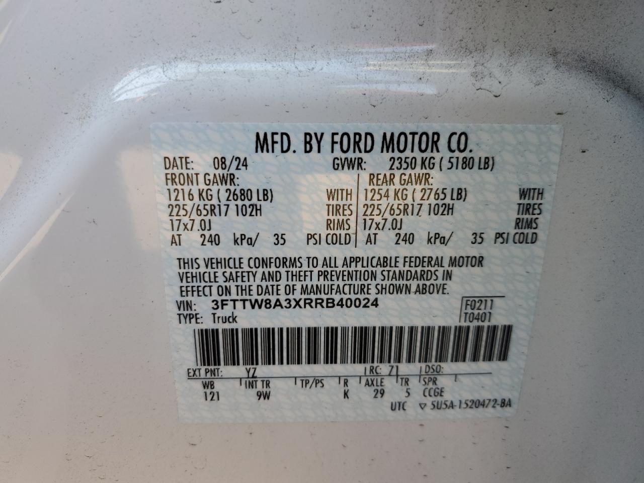 2024 FORD MAVERICK XL VIN:3FTTW8A3XRRB40024