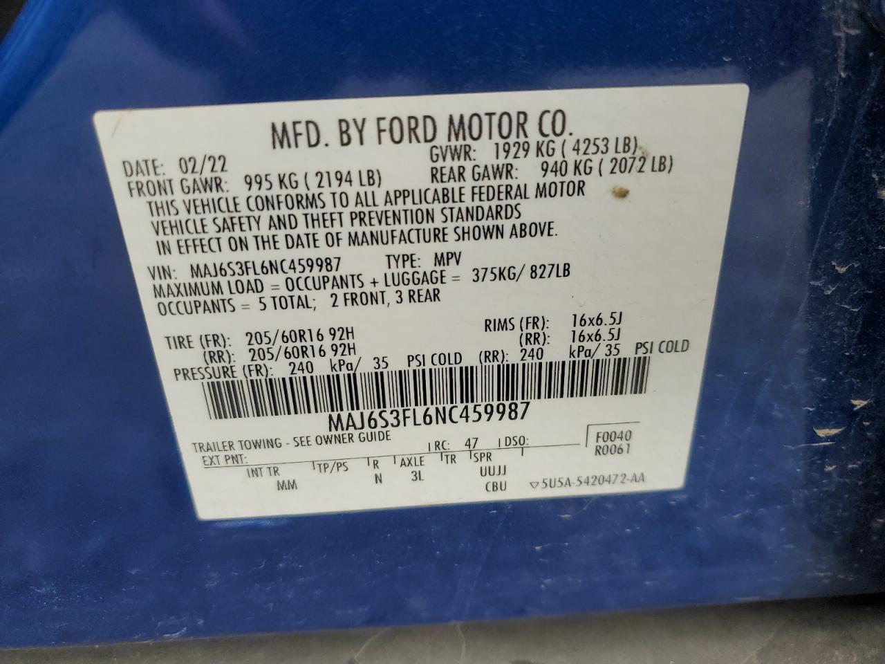 2022 FORD ECOSPORT S VIN:MAJ6S3FL6NC459987