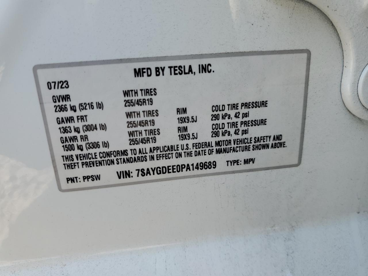 2023 TESLA MODEL Y VIN:7SAYGDEE0PA149689