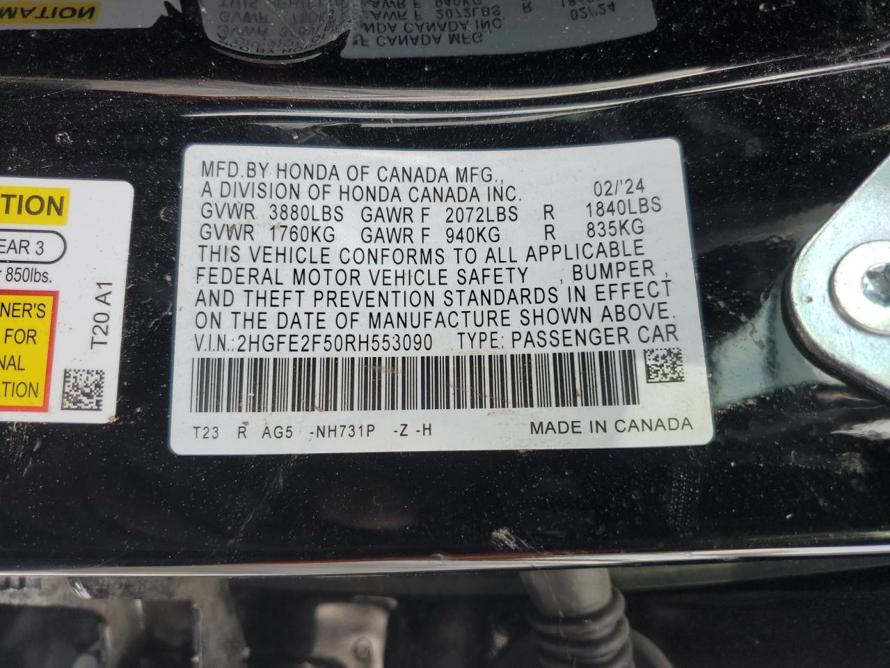 2024 HONDA CIVIC SPORT VIN:2HGFE2F50RH553090
