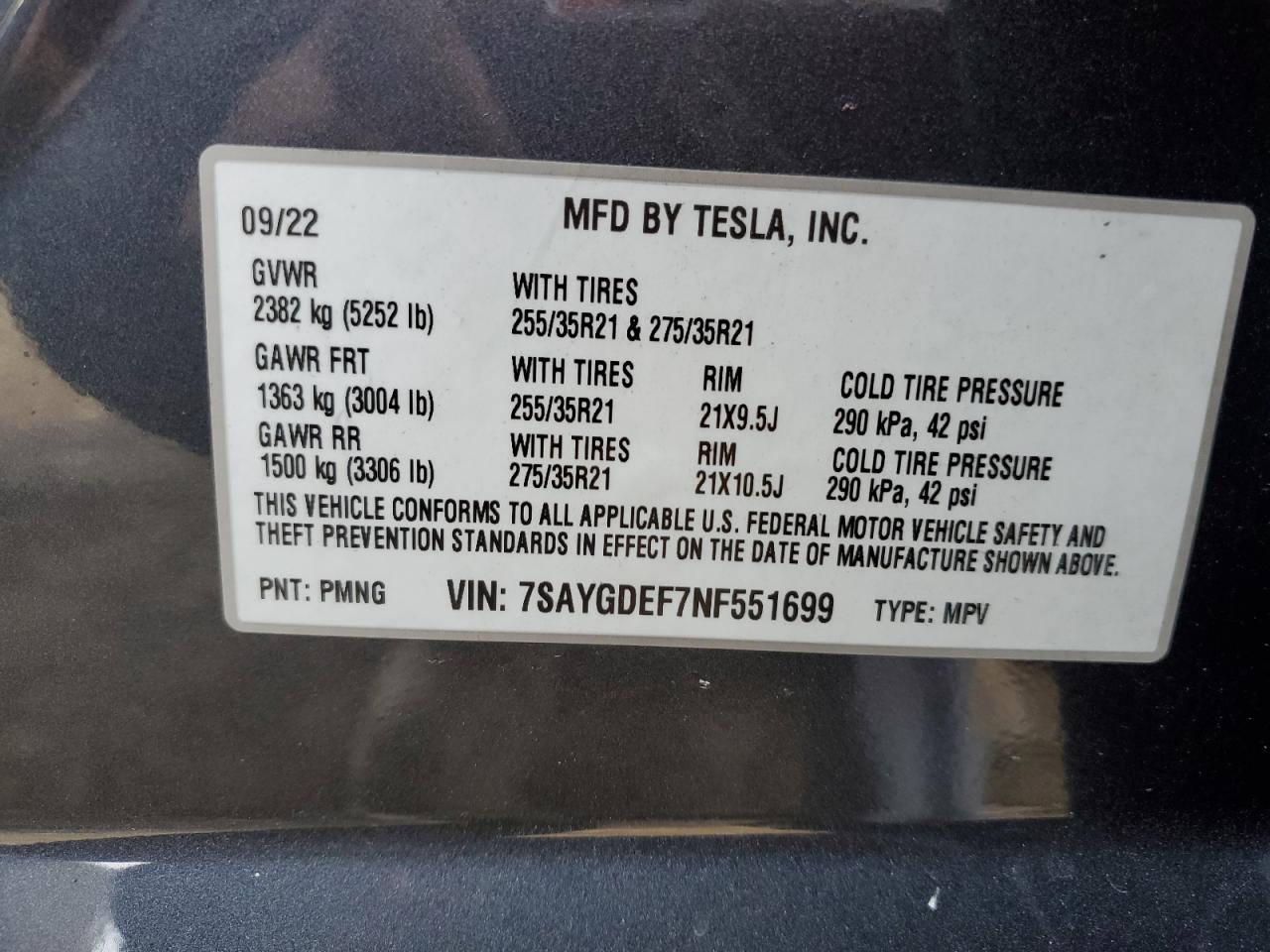 2022 TESLA MODEL Y VIN:7SAYGDEF7NF551699