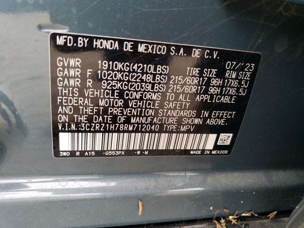 2024 HONDA HR-V EXL VIN:3CZRZ1H78RM712040