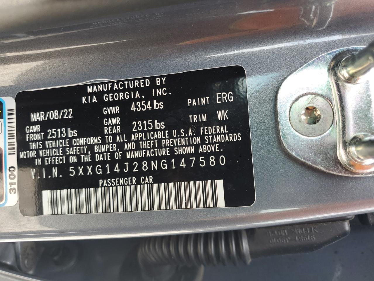 2022 KIA K5 LXS VIN:5XXG14J28NG147580