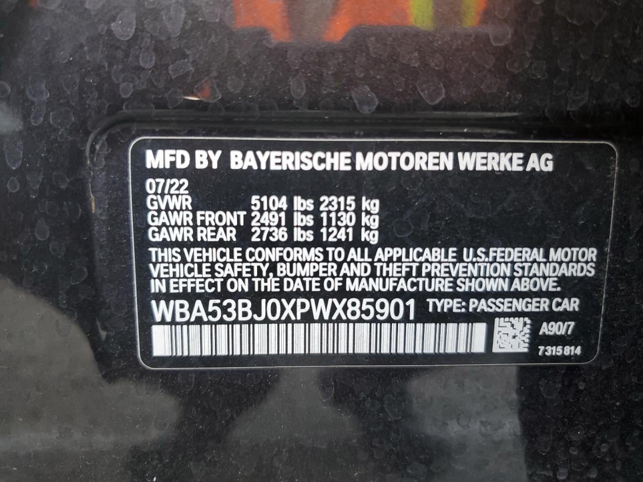 2023 BMW 540 I VIN:WBA53BJ0XPWX85901