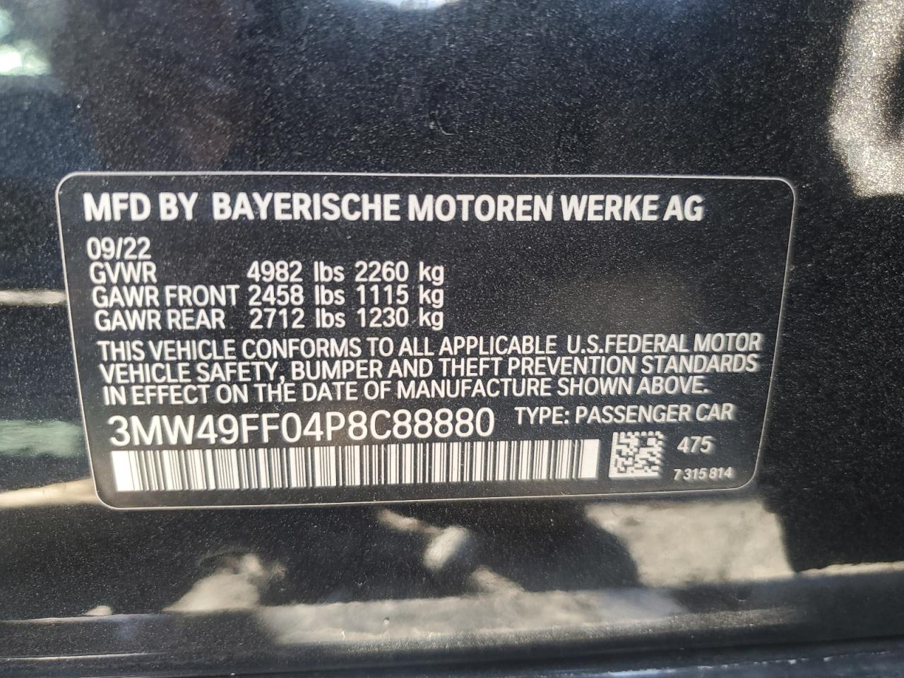 2023 BMW M340XI VIN:3MW49FF04P8C88880