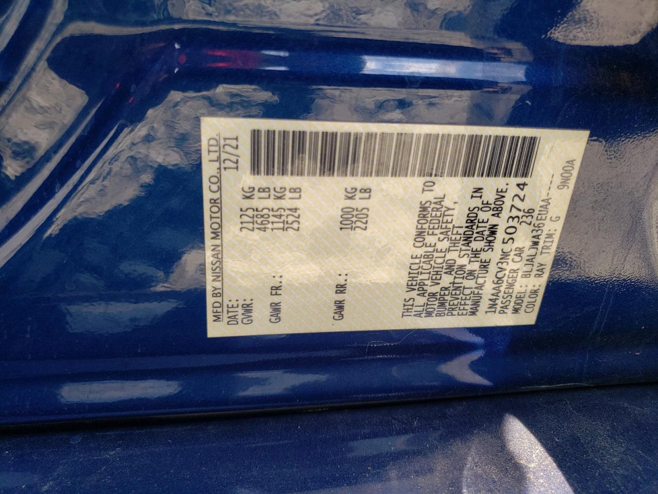 2022 NISSAN MAXIMA SV VIN:1N4AA6CV3NC503724