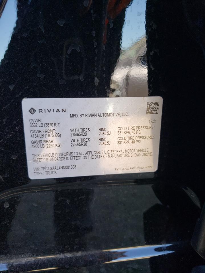 2022 RIVIAN R1T LAUNCH EDITION VIN:7FCTGAAL4NN001308