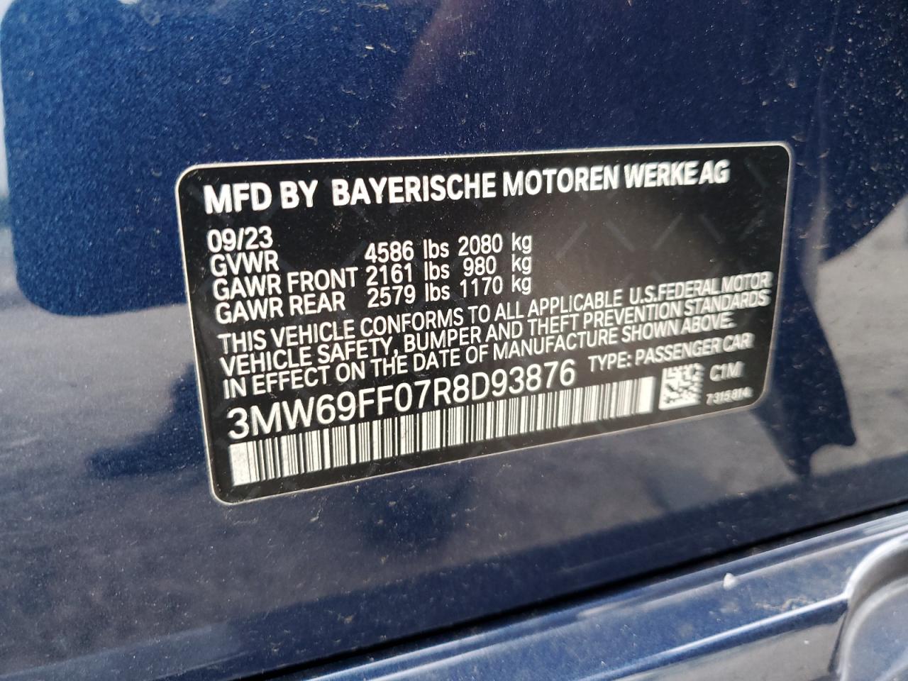 2024 BMW 330I VIN:3MW69FF07R8D93876