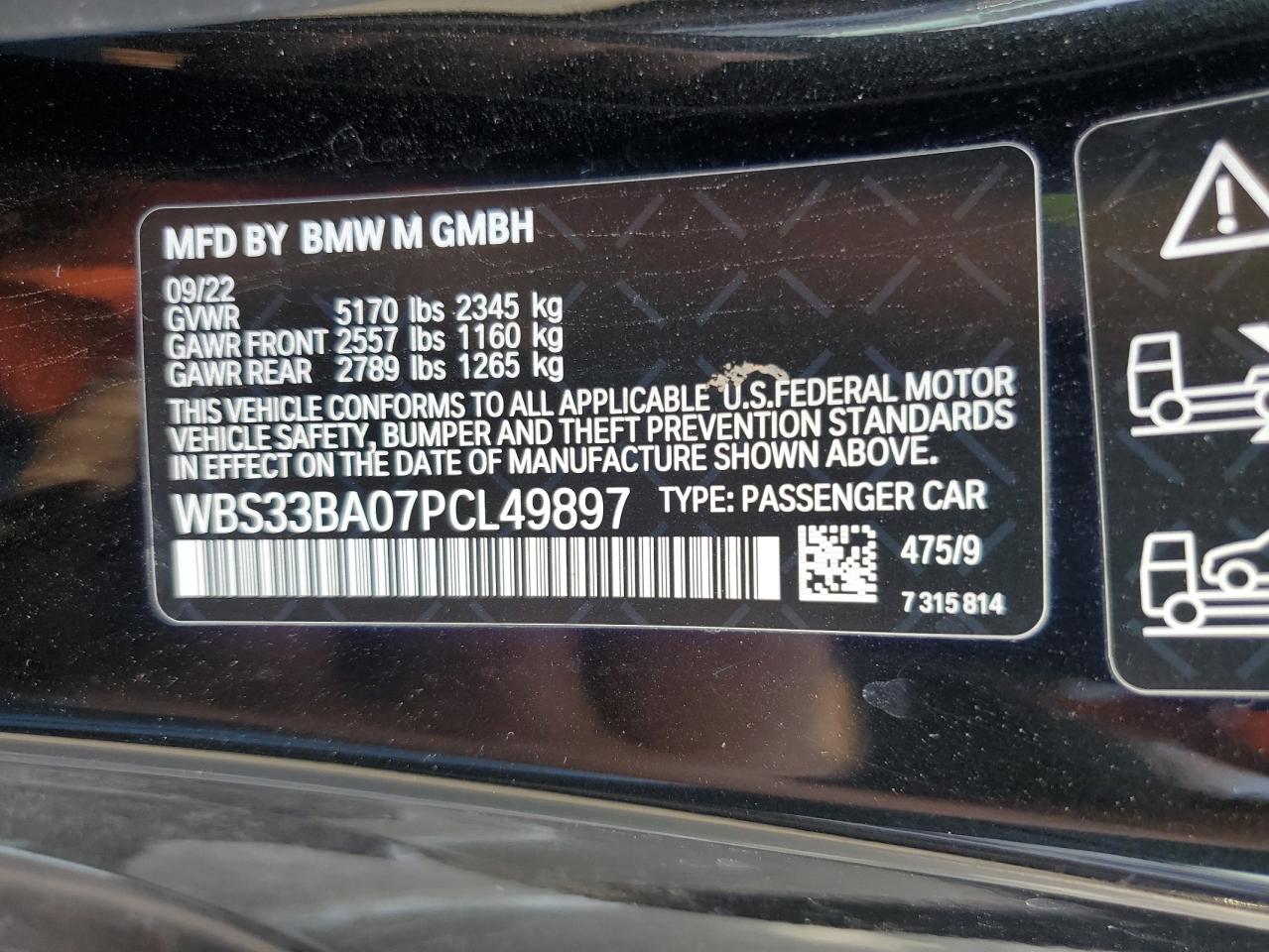 2023 BMW M4 COMPETITION VIN:WBS33BA07PCL49897