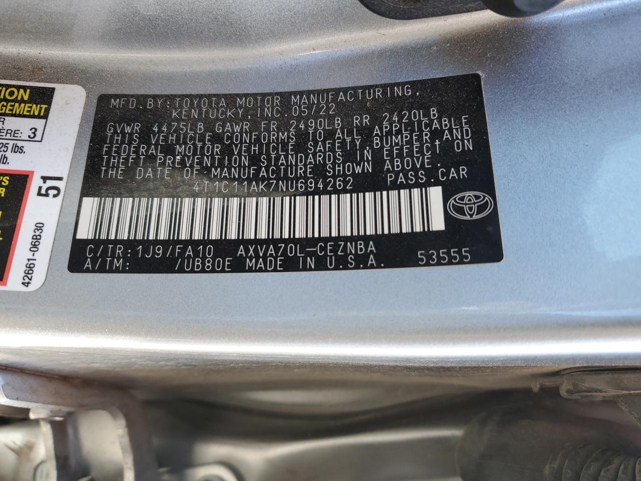2022 TOYOTA CAMRY LE VIN:4T1C11AK7NU694262