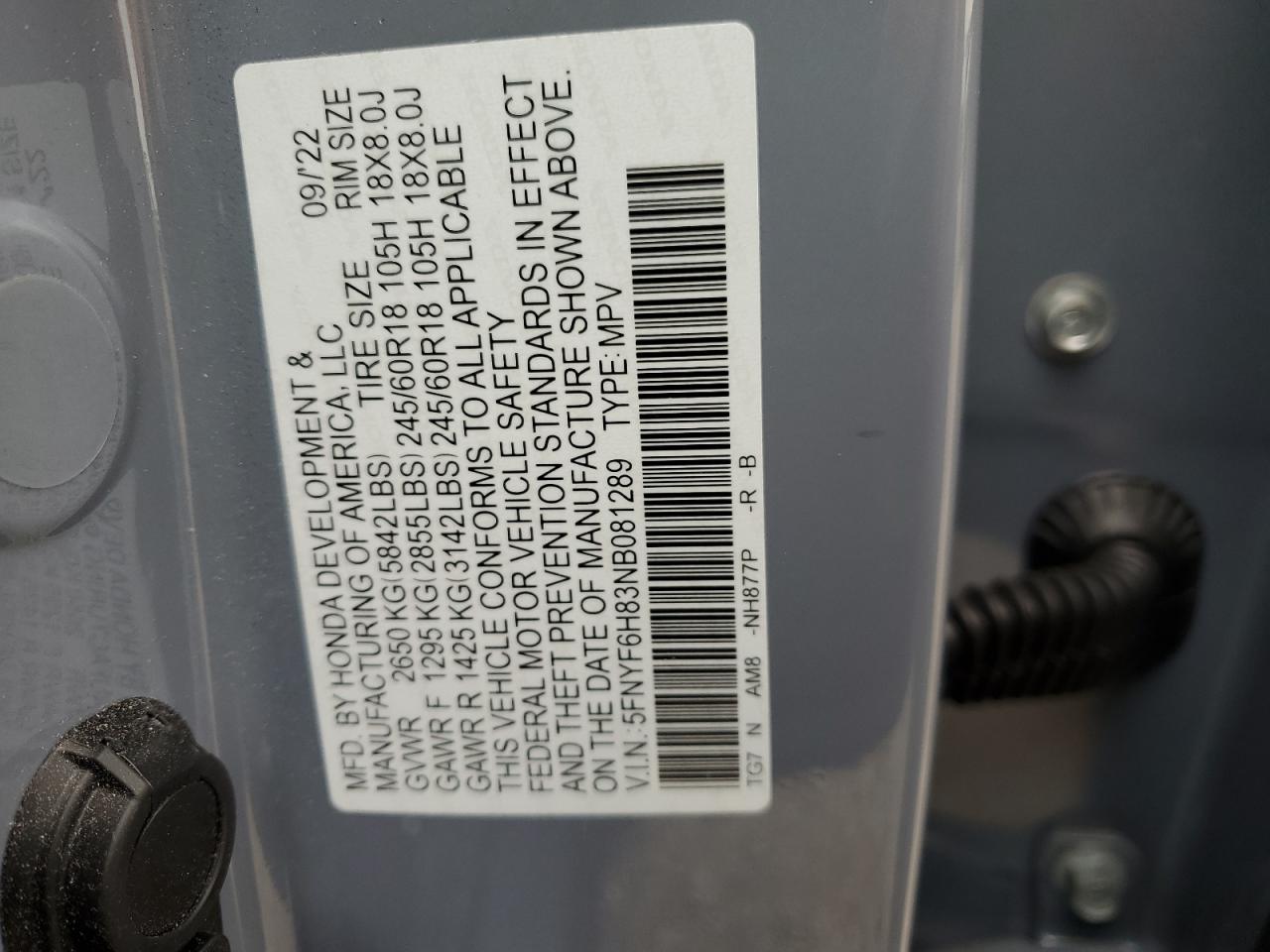2022 HONDA PILOT TRAILSPORT VIN:5FNYF6H83NB081289