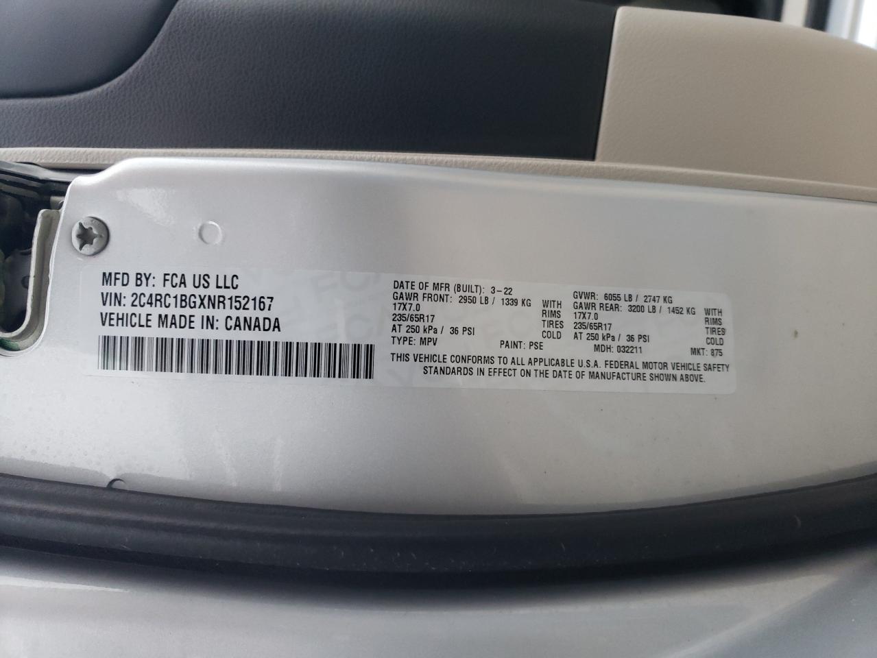 2022 CHRYSLER PACIFICA TOURING L VIN:2C4RC1BGXNR152167