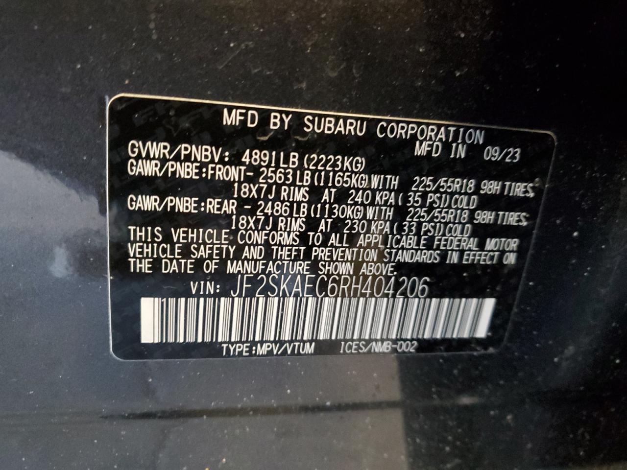 2024 SUBARU FORESTER SPORT VIN:JF2SKAEC6RH404206