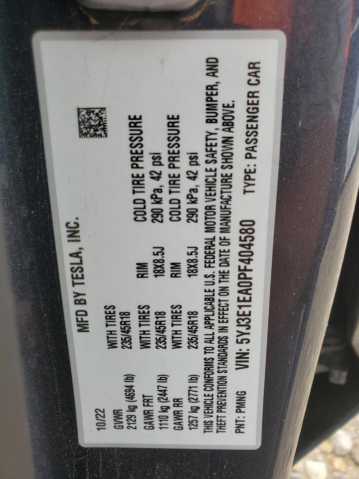 2023 TESLA MODEL 3 VIN:5YJ3E1EA0PF404580