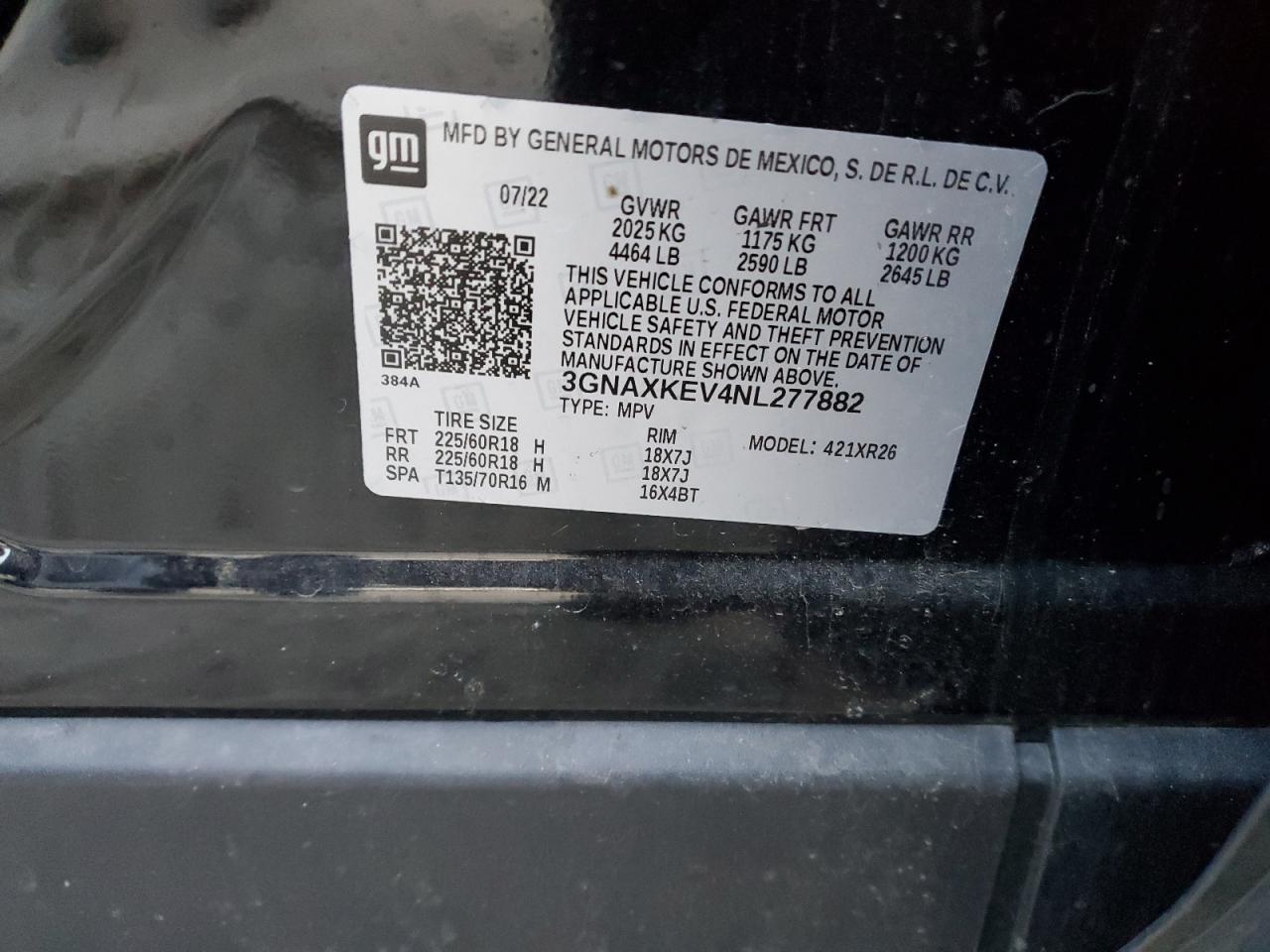 2022 CHEVROLET EQUINOX LT VIN:3GNAXKEV4NL277882