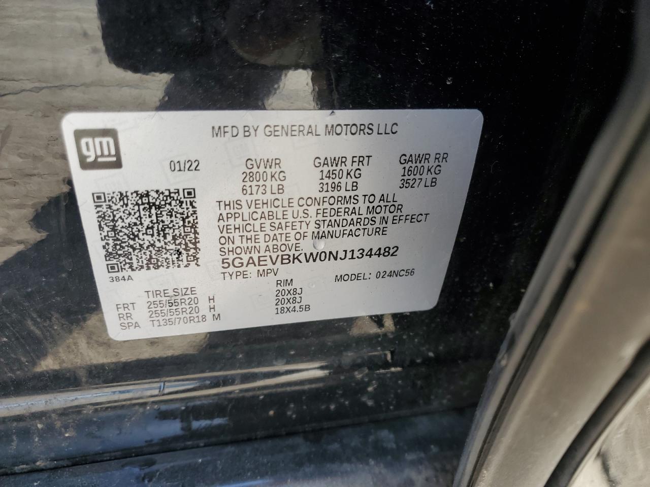 2022 BUICK ENCLAVE PREMIUM VIN:5GAEVBKW0NJ134482