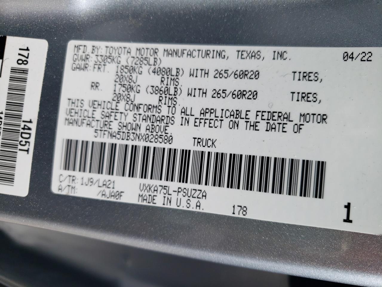 2022 TOYOTA TUNDRA CREWMAX PLATINUM VIN:5TFNA5DB3NX028580