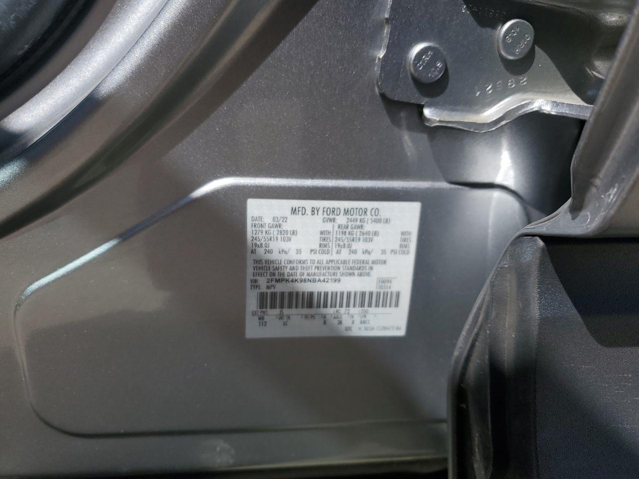2022 FORD EDGE TITANIUM VIN:2FMPK4K98NBA42199