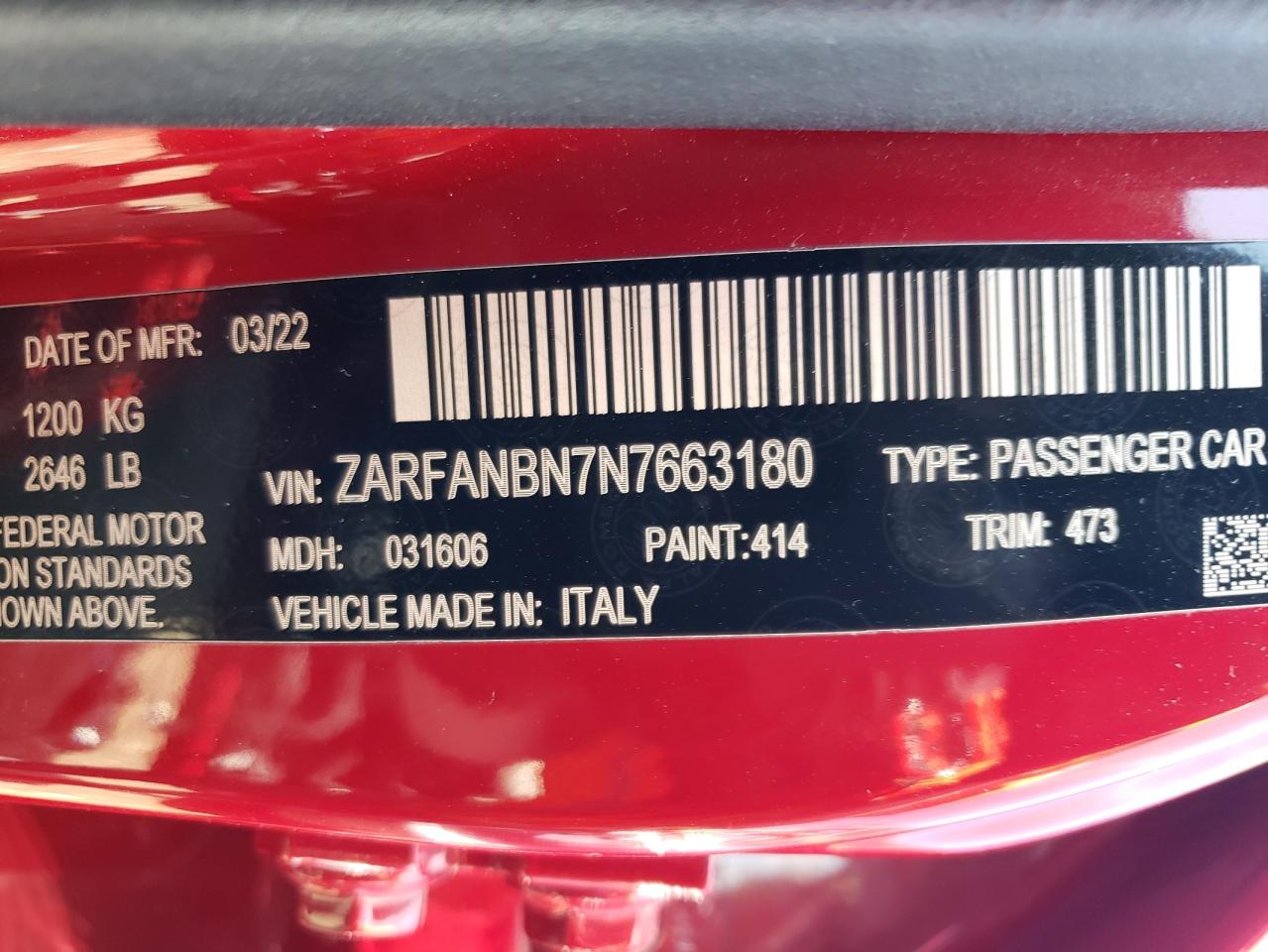 2022 ALFA ROMEO GIULIA SUPER VIN:ZARFANBN7N7663180