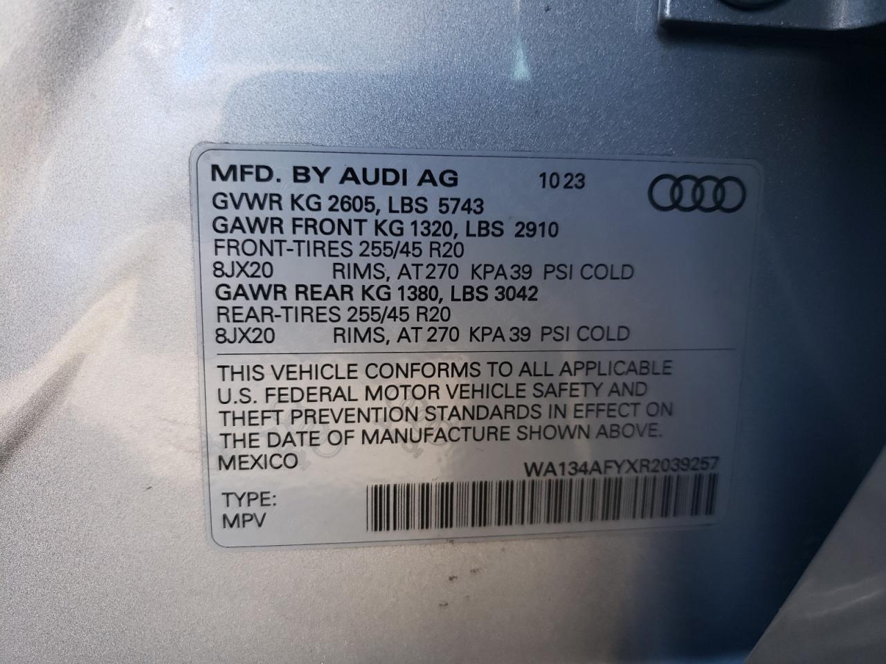 2024 AUDI SQ5 SPORTBACK PRESTIGE VIN:WA134AFYXR2039257