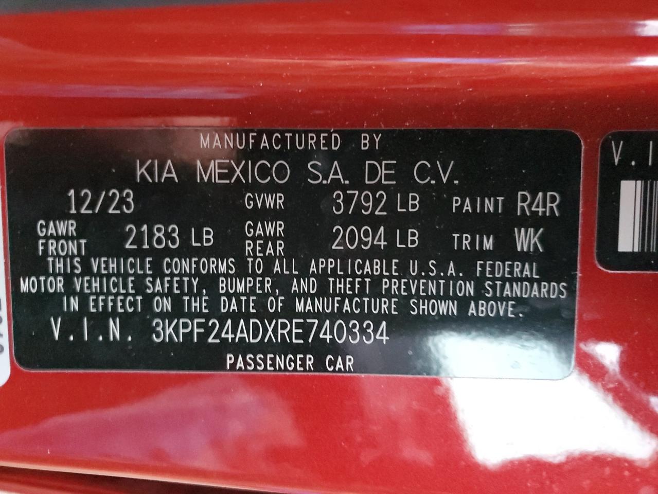 2024 KIA FORTE LX VIN:3KPF24ADXRE740334