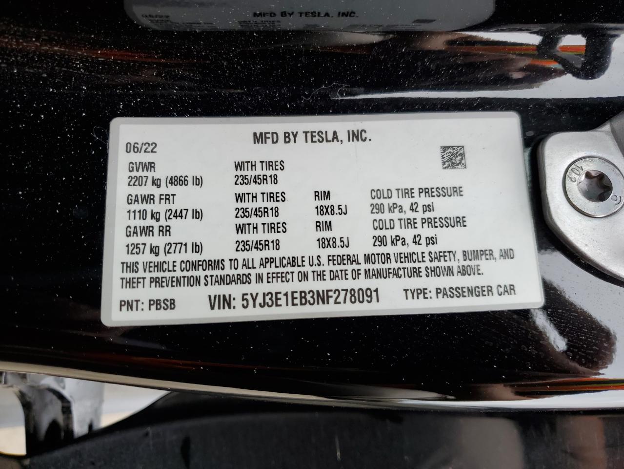 2022 TESLA MODEL 3 VIN:5YJ3E1EB3NF278091