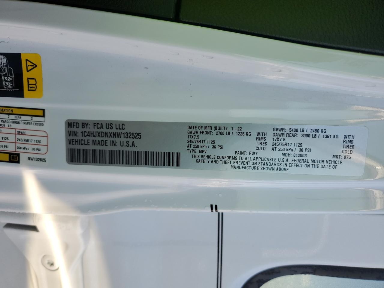 2022 JEEP WRANGLER UNLIMITED SPORT VIN:1C4HJXDNXNW132525