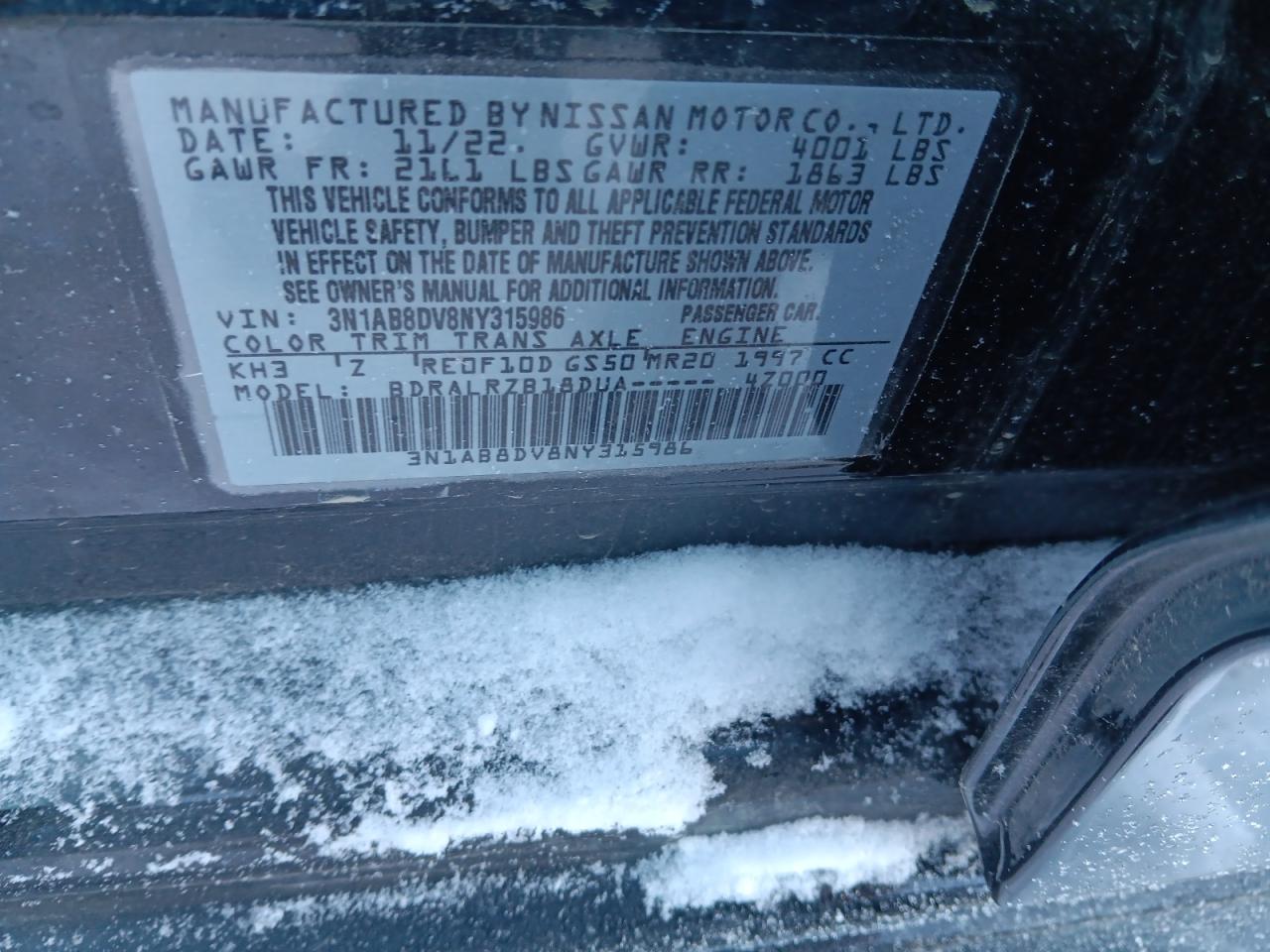 2022 NISSAN SENTRA SR VIN:3N1AB8DV8NY315986