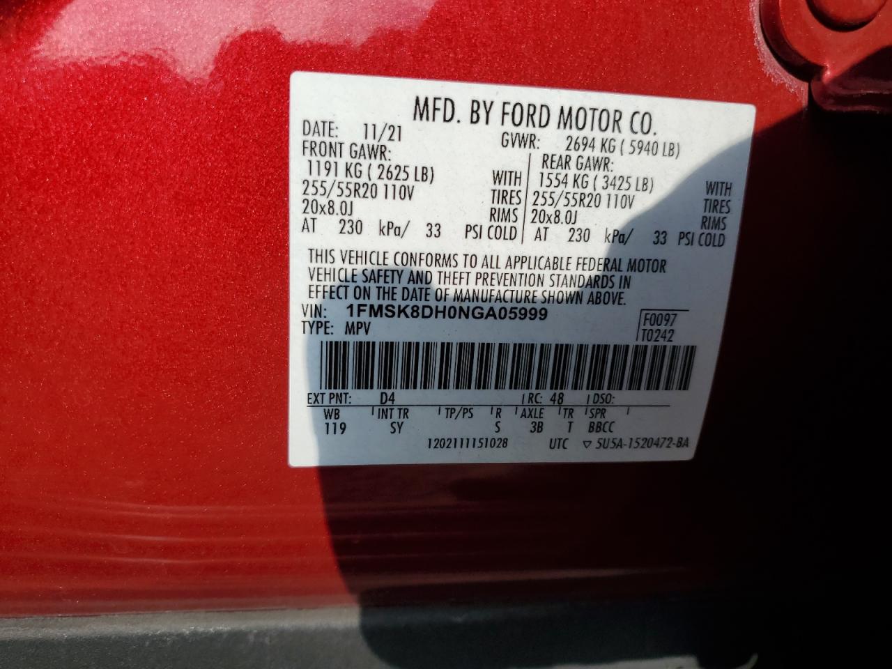 2022 FORD EXPLORER XLT VIN:1FMSK8DH0NGA05999