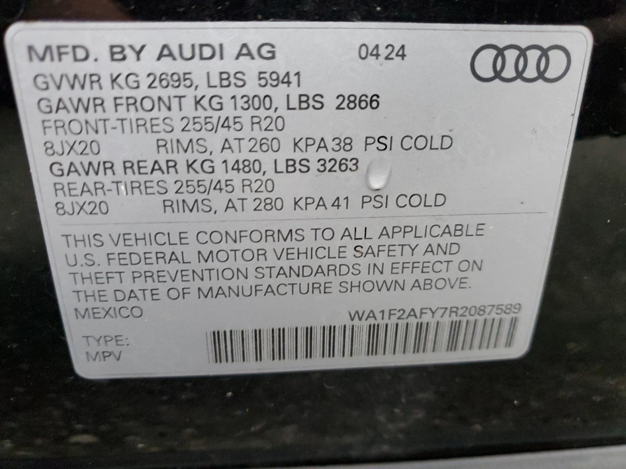 2024 AUDI Q5 E PRESTIGE 55 VIN:WA1F2AFY7R2087589