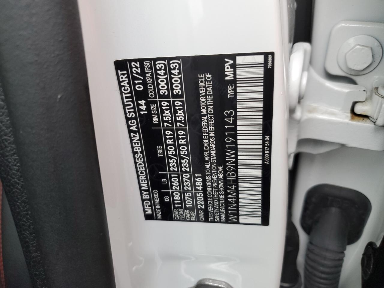 2022 MERCEDES-BENZ GLB 250 4MATIC VIN:W1N4M4HB9NW191143