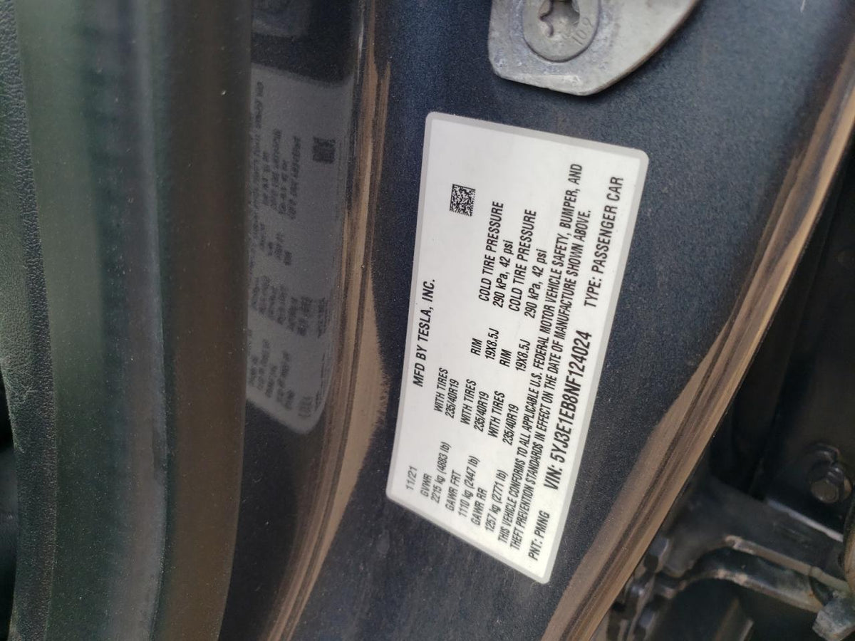 2022 TESLA MODEL 3 VIN:5YJ3E1EB8NF124024