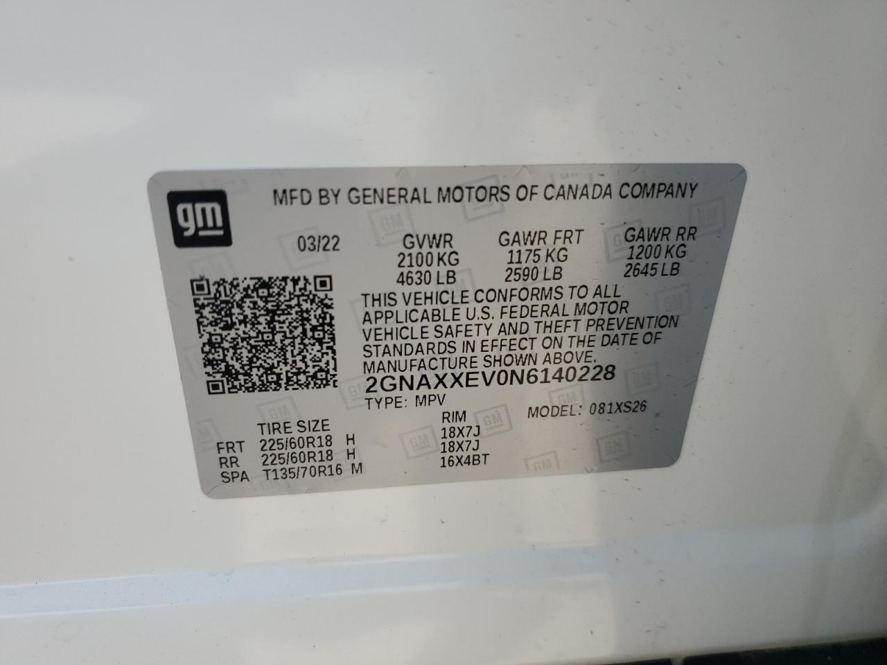 2022 CHEVROLET EQUINOX PREMIER VIN:2GNAXXEV0N6140228