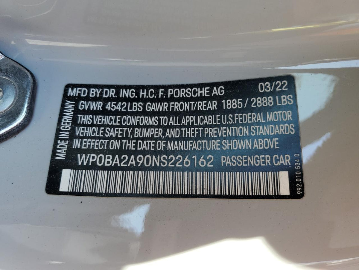 2022 PORSCHE 911 TARGA VIN:WP0BA2A90NS226162