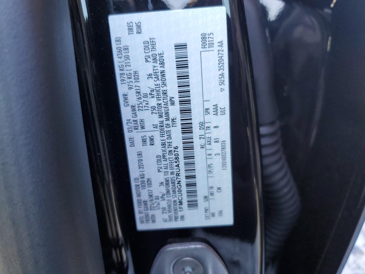 2024 FORD ESCAPE ACTIVE VIN:1FMCU0GN7RUA58076