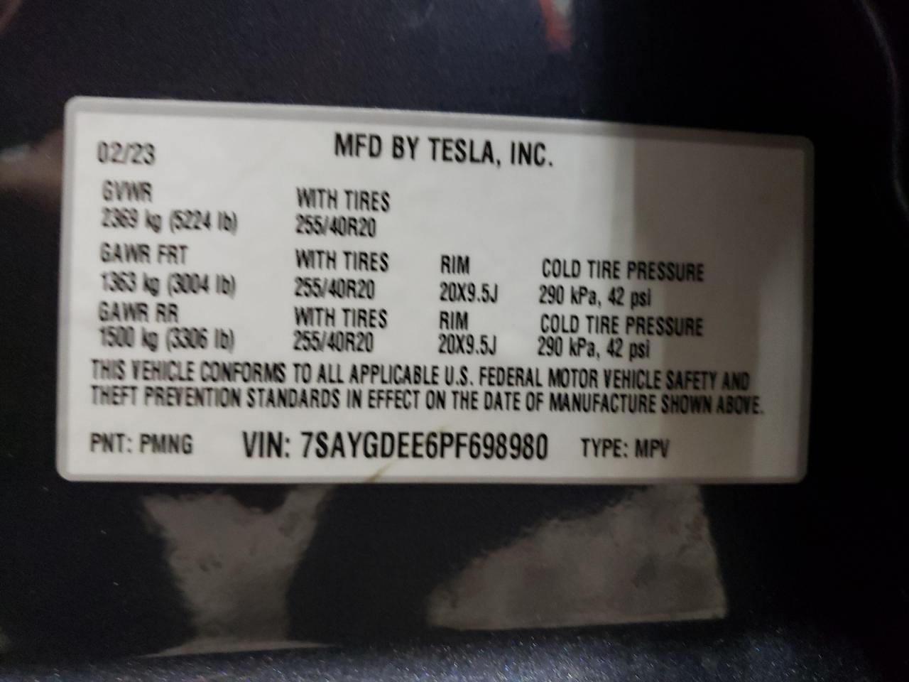 2023 TESLA MODEL Y VIN:7SAYGDEE6PF698980