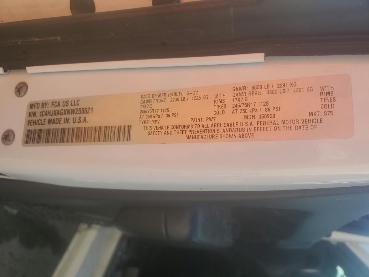 2022 JEEP WRANGLER SPORT VIN:1C4HJXAGXNW200621