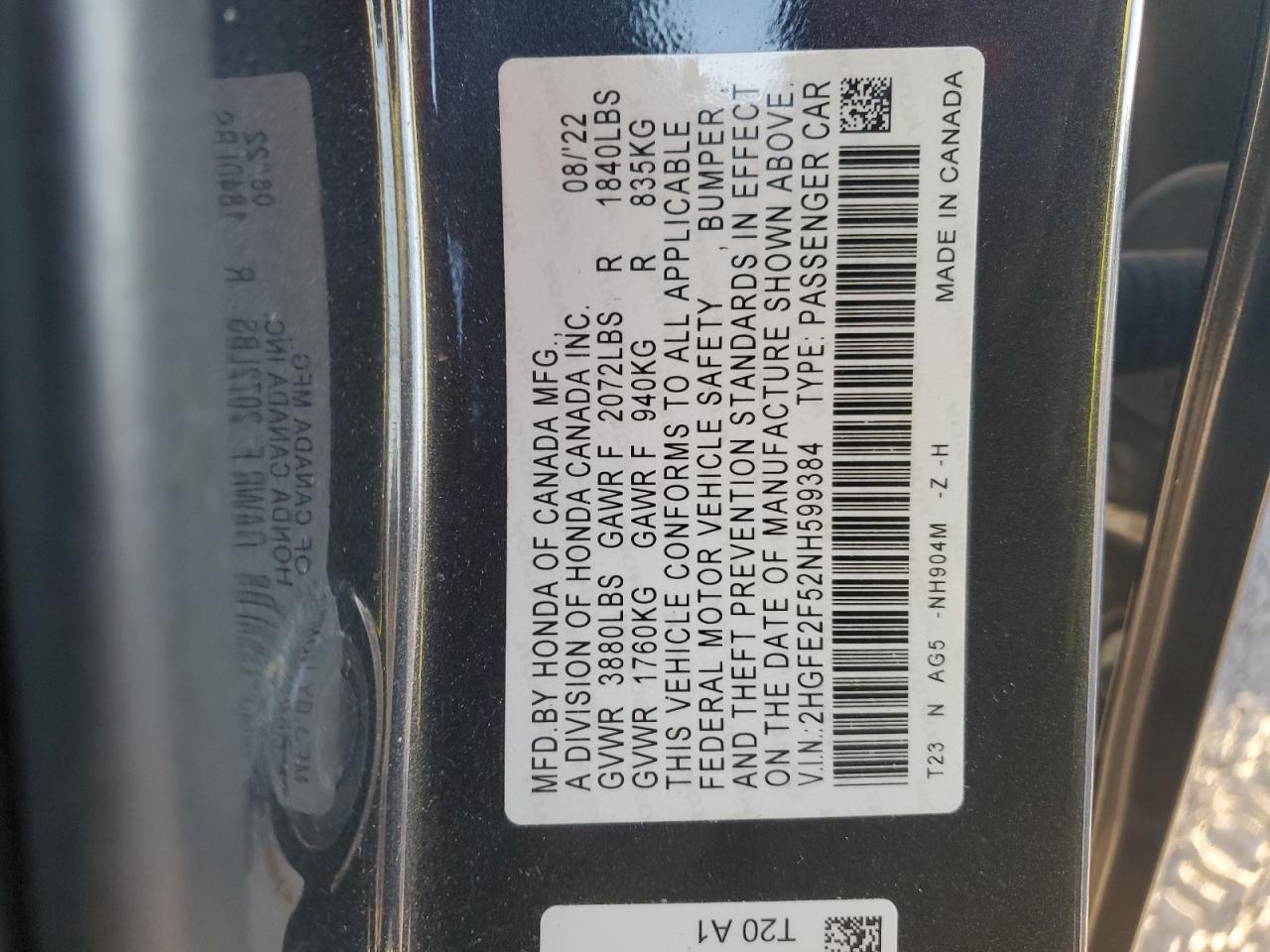 2022 HONDA CIVIC SPORT VIN:2HGFE2F52NH599384
