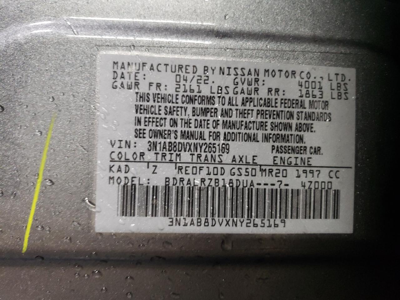 2022 NISSAN SENTRA SR VIN:3N1AB8DVXNY265169