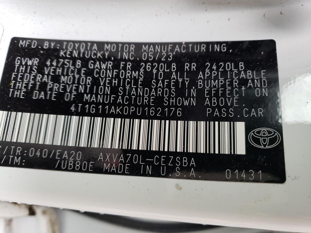 2023 TOYOTA CAMRY SE NIGHT SHADE VIN:4T1G11AK0PU162176